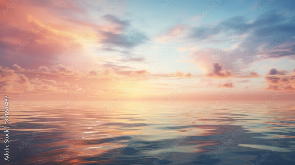 Poster a serene sunset over the ocean, with the sky reflecting the soft hues of the setting sun, creating a