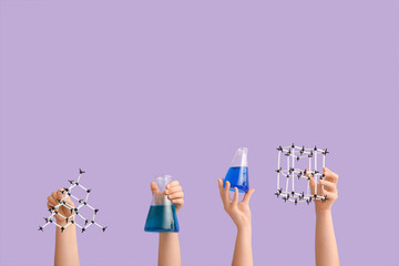 Female hands holding molecular models with filled flasks on lilac background. Chemistry lesson...