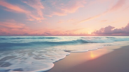 Fototapeta premium serene sunset over the ocean, with gentle waves lapping against the shore and the sky reflecting a soft, pastel palette of colors.