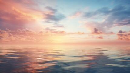 a serene sunset over the ocean, with the sky reflecting the soft hues of the setting sun, creating a tranquil and peaceful atmosphere.