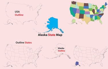 Obraz premium Alaska map vector of usa, Alaska line map, Alaska with city map, Alaska outline map