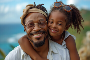 Father's day. Happy family daughter hugging dad and laughs on holiday. The love of father and son towards the child he loves.