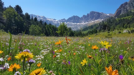 Fototapeta premium Alpine meadow filled with a variety of wildflowers, majestic mountains in the background, clear blue sky