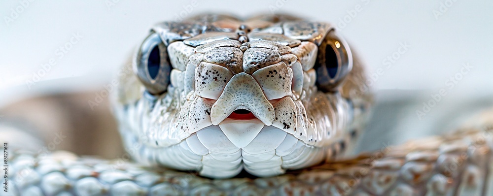 Poster an intimate close-up of a snake staring inquisitively at the camera, highlighted against a clean whi