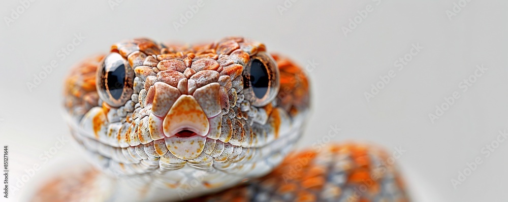 Poster an intimate close-up of a snake staring inquisitively at the camera, highlighted against a clean whi