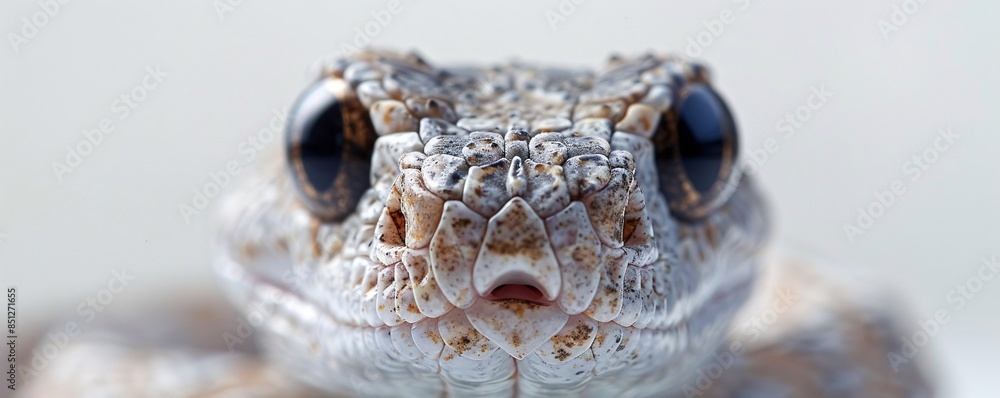 Poster an intimate close-up of a snake staring inquisitively at the camera, highlighted against a clean whi