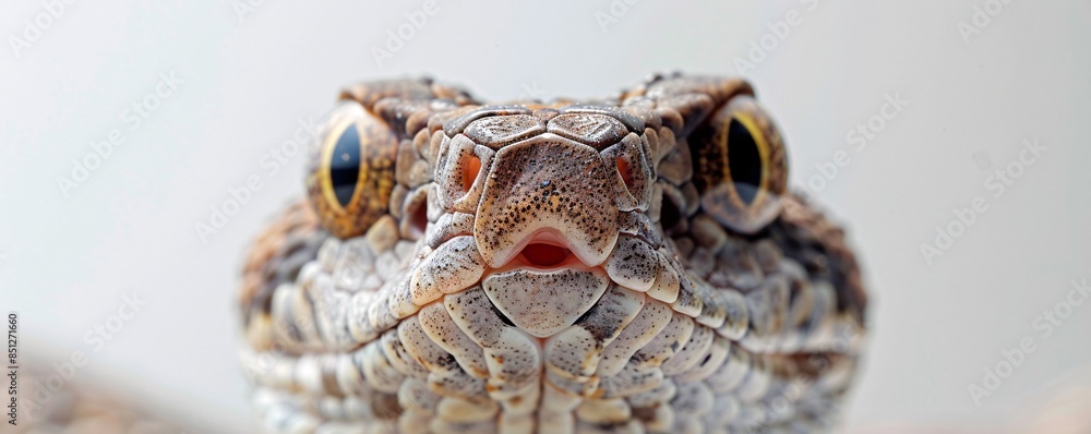 Poster an intimate close-up of a snake staring inquisitively at the camera, highlighted against a clean whi