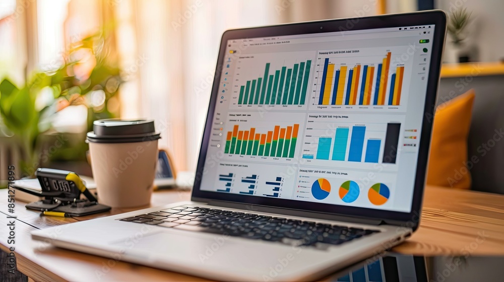 Poster close-up of a laptop screen displaying analytics data and sales trends for a small online business