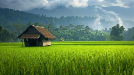 Obraz premium photograph of A hut in the middle of a rice field --ar 16:9 Job ID: 3badc518-398e-4a3a-86ae-0fb8a2d61cac