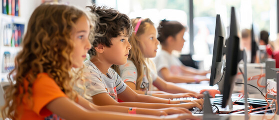 Children learning computer skills in a classroom setting