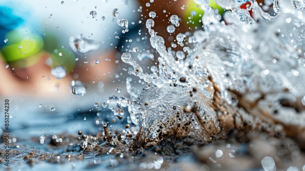 Poster water splashing and creating droplets.