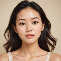 Naklejka premium Portrait of a young Asian female with a luminous, bright glowing complexion accentuated by the effects of recent facial or beauty treatment, placed on a plain beige backdrop