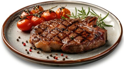 Steak in beautiful plate on white transparent background