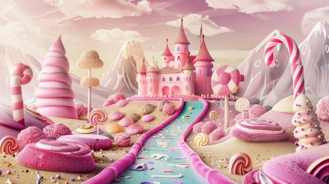 Palace in the land of sweets Colorful pastel candy landscape Road among sweets,generate AI.