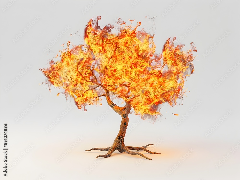 Poster fiery tree: a mesmerizing 3d rendered depiction of elemental flames in the shape of a tree
