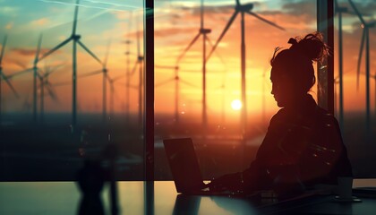 A young woman is sitting in a dark room looking at a laptop. Outside the window, there are windmills.