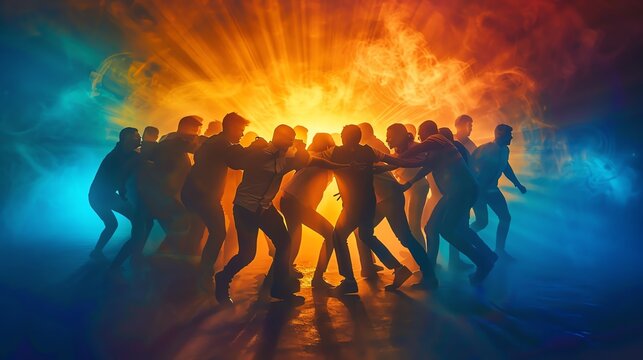 A group of people are dancing in a circle. They are all holding hands and moving in a fluid motion. The background is a bright light, which is casting shadows over the dancers.
