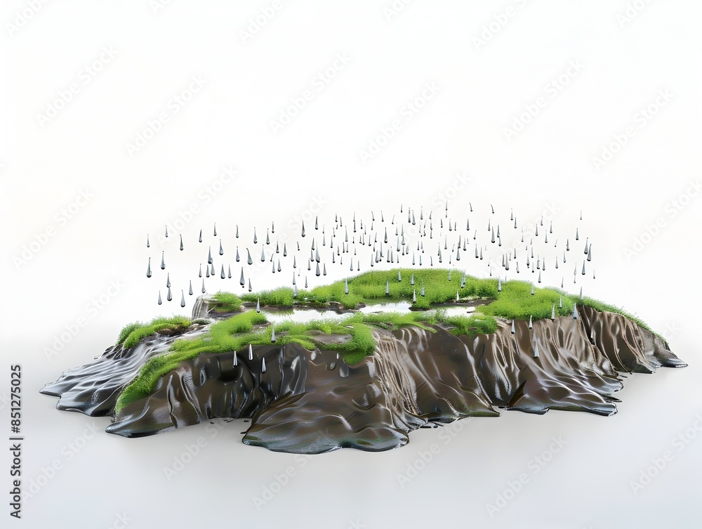 Poster floating drizzle landscape - surreal 3d rendered island with cascading droplets on white background