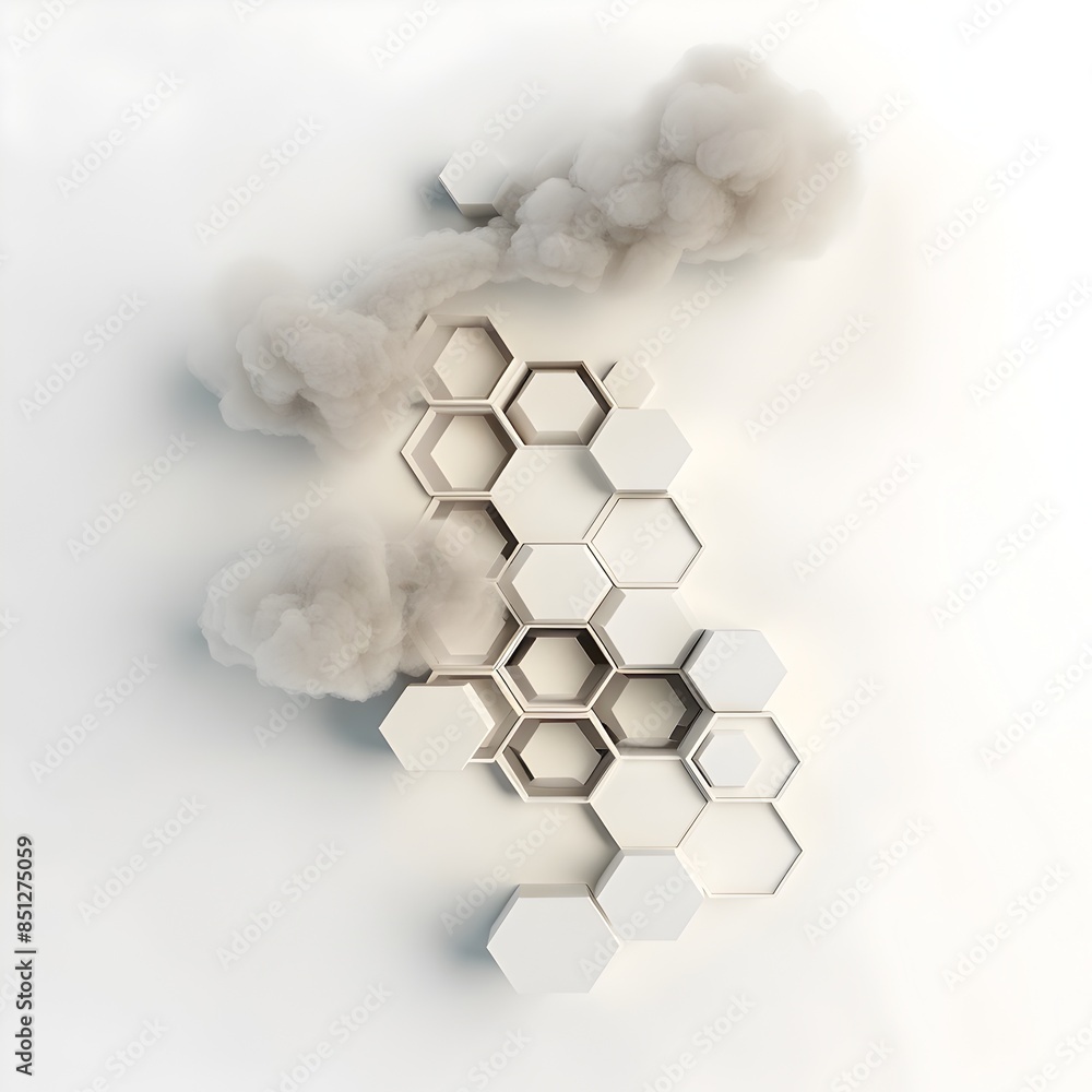 Poster foggy hexagon geometric abstract 3d digital render on white backdrop