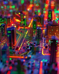 High-resolution image of fluorescent microchip circuits, showcasing intricate electronic components under fluorescent lighting