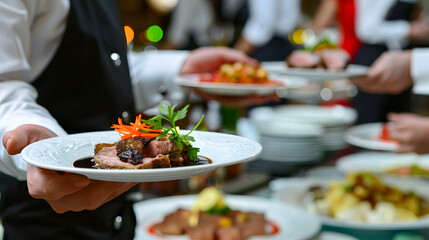 Close-up of waitstaff serving multiple gourmet plates at a formal event, highlighting fine dining and impeccable service in a luxurious setting.