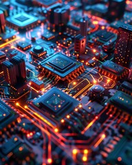 Obraz premium High-resolution image of fluorescent microchip circuits, showcasing intricate electronic components under fluorescent lighting