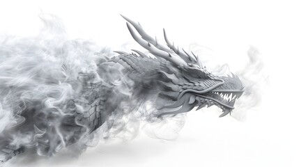 Ghostly Dragon Materializing from Swirling Fog Mist on White Background