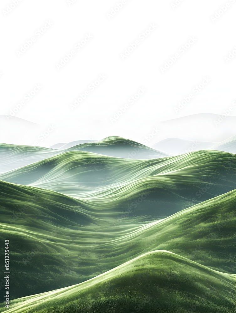 Poster mesmerizing misty landscape with undulating rolling hills on isolated white background