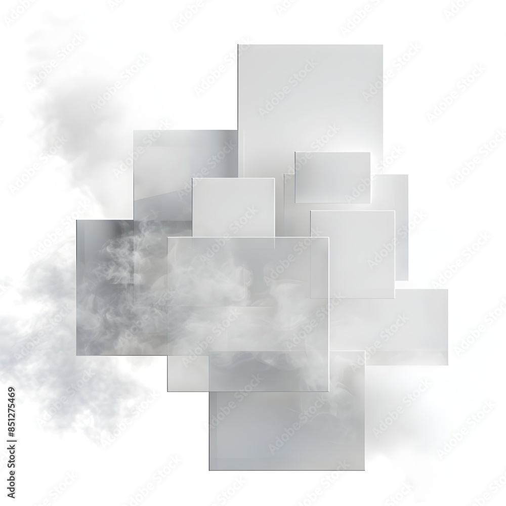 Poster minimalist 3d rendered composition of geometric squares enveloped in misty atmosphere on isolated wh
