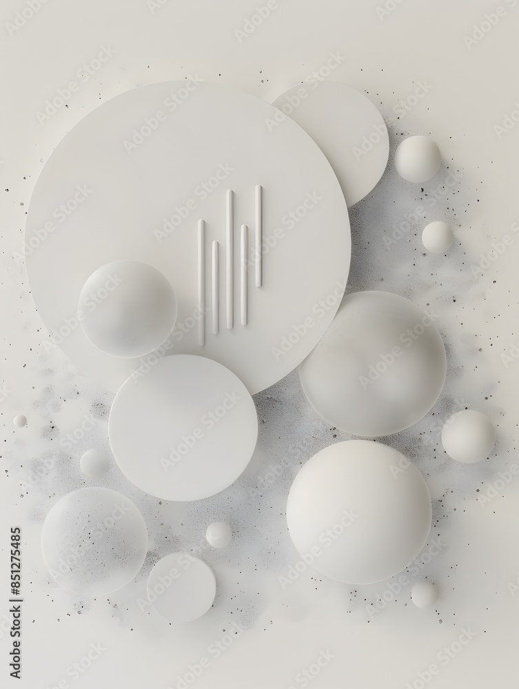Poster minimalist geometric composition with spherical shapes and soft haze on isolated white background
