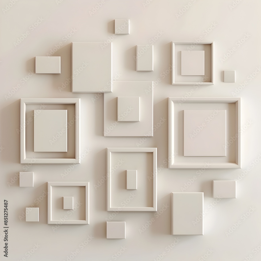 Poster minimalist geometric composition of 3d rendered cubes and squares on isolated white background