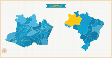 A Map highlighting Amazonas in the Brazil Map, Amazonas and Brazil modern map with Colorful Hi detailed Vector, geographical borders