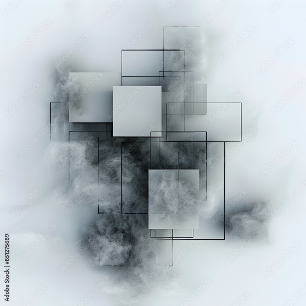 Poster monochromatic geometric composition with fog and cubic shapes on isolated white background