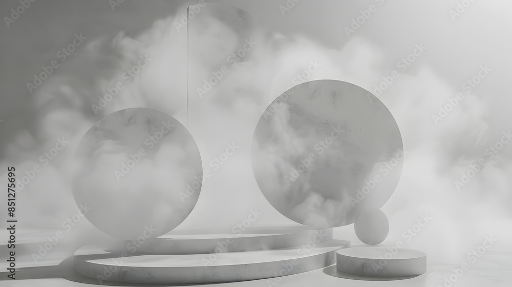 Poster mysterious fog and geometric shapes 3d render on white background