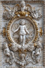 Obraz premium Luxurious Baroque Ornamental Frame with Intricate Gold Detailing on Elegant Marble Background, Perfect for Sophisticated and Classic Decor