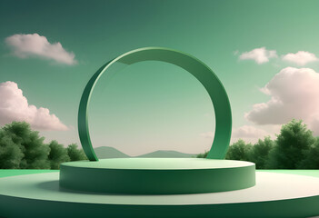 A green Stage, A green color palette, and stylized circular platforms set against a dramatic cloudy sky, on a nature background
