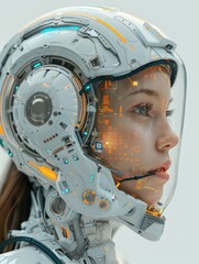 Close-up of a young woman wearing a futuristic helmet with integrated HUD displays and intricate technological details. The helmet has glowing blue and orange accents.