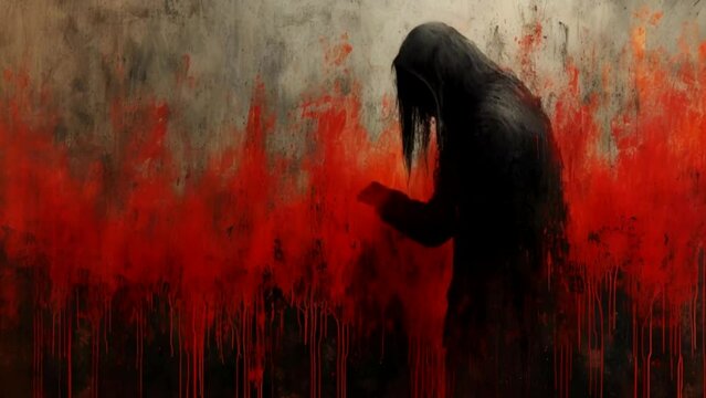 Silhouette of a Shambling Zombie Against a Blood Splatter Background Horror Theme Art