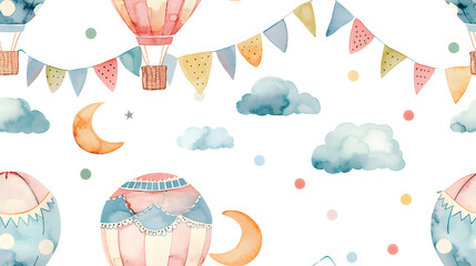 Vibrant watercolor pattern featuring hot air balloons, clouds, moons, and bunting flags. Ideal for children's room decor, party invitations, or playful designs. seamless. pattern