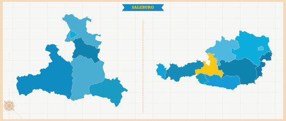 Fototapeta premium A Map highlighting Salzburg in the Austria Map, Salzburg and Austria modern map with Colorful Hi detailed Vector, geographical borders