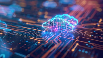 Cloud server hosting and synchronization, global data transfer, cloud computing technology concept.