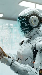 Fototapeta premium This picture shows the back of a white robot,, holding a white ipad in his hand, with experimental transparent glasses on his head, on a white background, with a fine texture and a clean image, realis