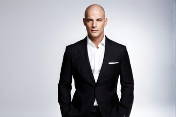 portrait of handsome bald businessman in white background