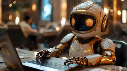 Fototapeta premium Artificial intelligence assistant: A friendly and helpful robotic assistant interacting with a human user in a futuristic office setting.