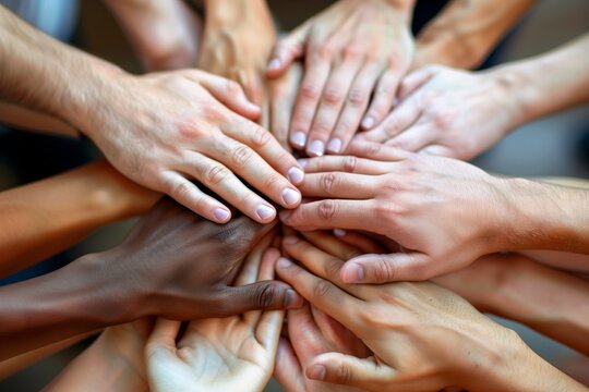 Diverse hands reaching upward in unity