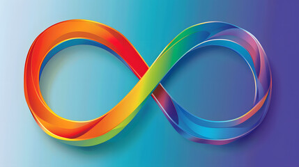 Vibrant infinity symbol with flowing gradient of rainbow colors, representing autism spectrum on blue background Perfect for illustrating concepts of diversity, inclusion, and endless possibilities.