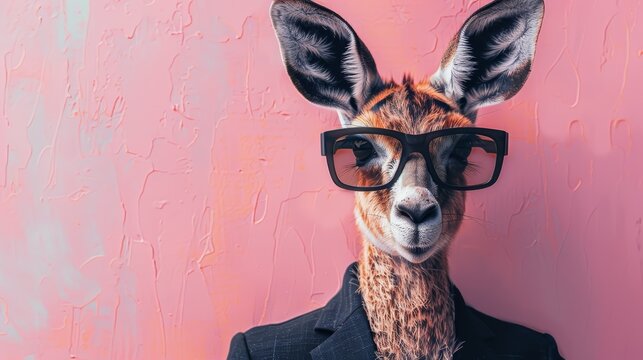 A deer wearing glasses and a suit jacket, looking stylish and sophisticated, against a pink background.