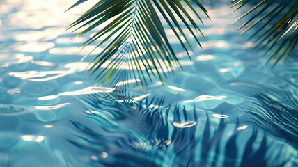 Palm leaf shadows on blue water, tropical leaf shadow on water surface, summer vacation concept banner,
