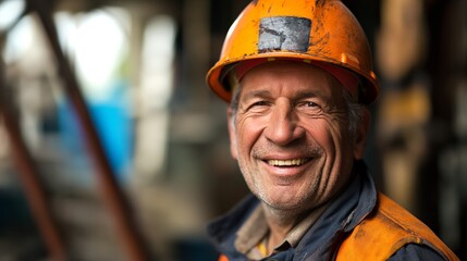 Smiling construction worker in orange safety helmet and uniform on a worksite.