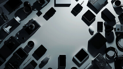 Array of IoT gadgets arranged in a circular formation, casting dramatic shadows under dramatic, high-contrast lighting